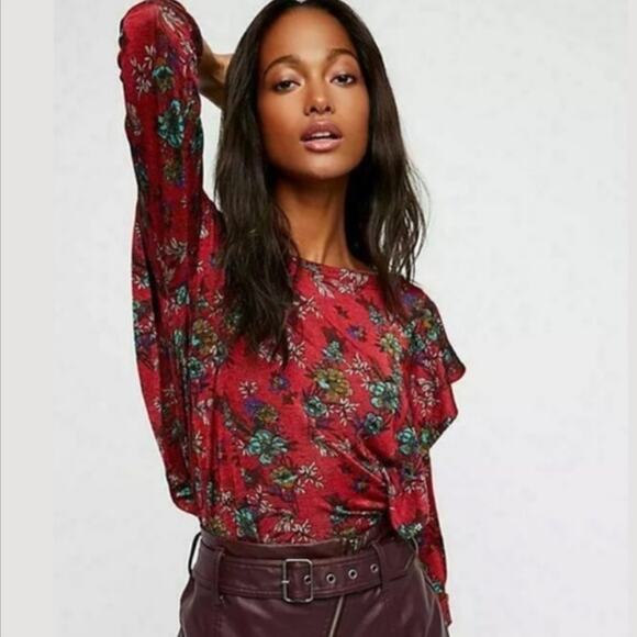 Free People Red Floral Dock Street Knit Blouse - Picture 2 of 7